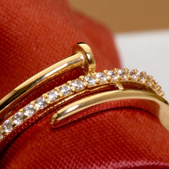 10K Yellow Gold Nail Ring, Dainty CZ Pave Ring, Size 7 - Picture 8 of 13